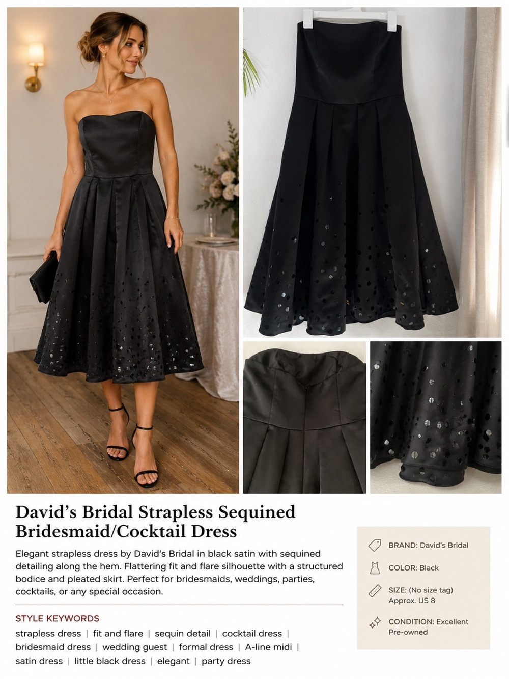 David’s Bridal Strapless Cocktail Bridesmaid Sequin Party Dress Size 4